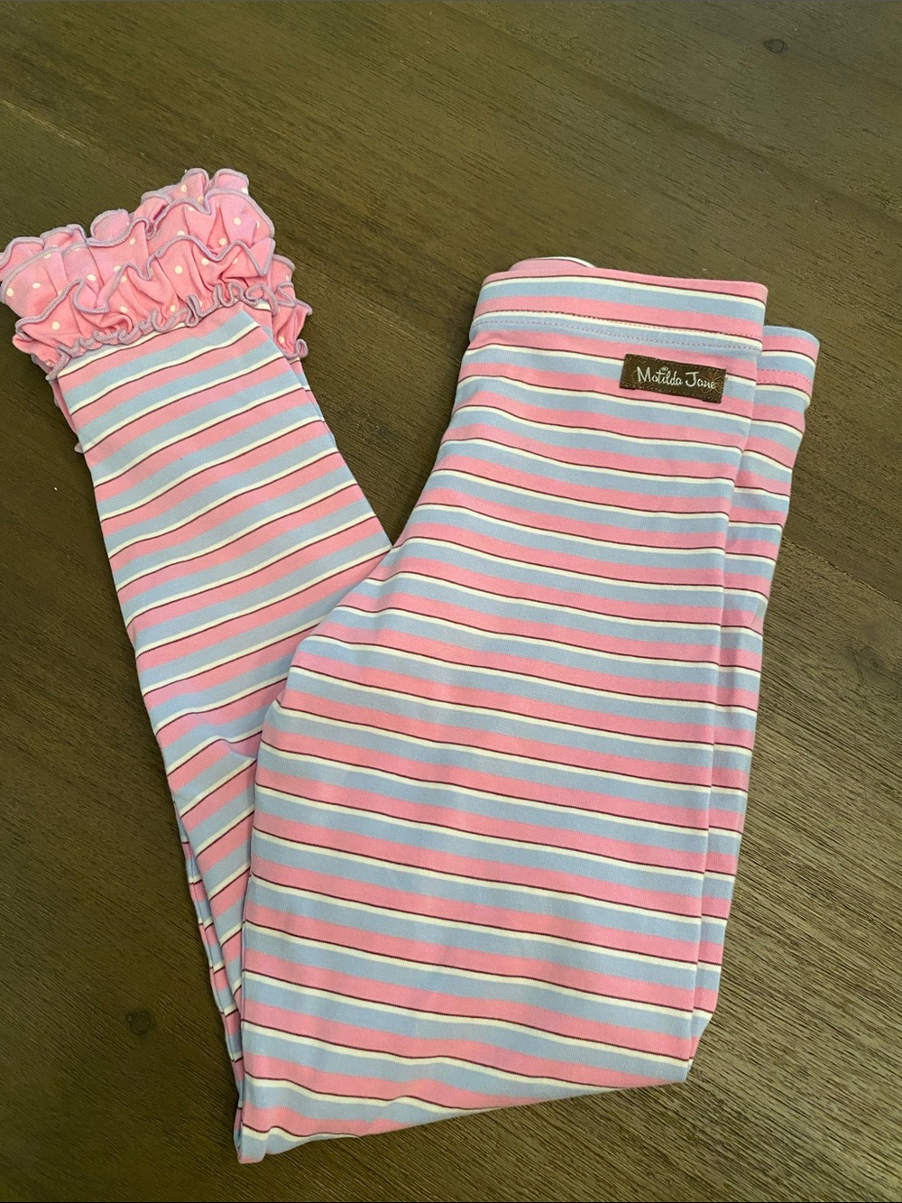 Matilda Jane Pink and Light Blue Striped Ruffle Hem Leggings